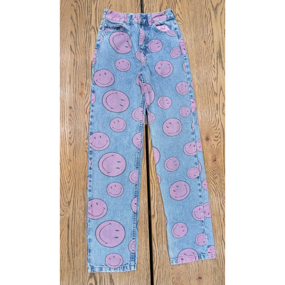 Bershka x Smiley Jeans Womens 2 Pink Face Print High Rise Straight Leg Y2K 2020